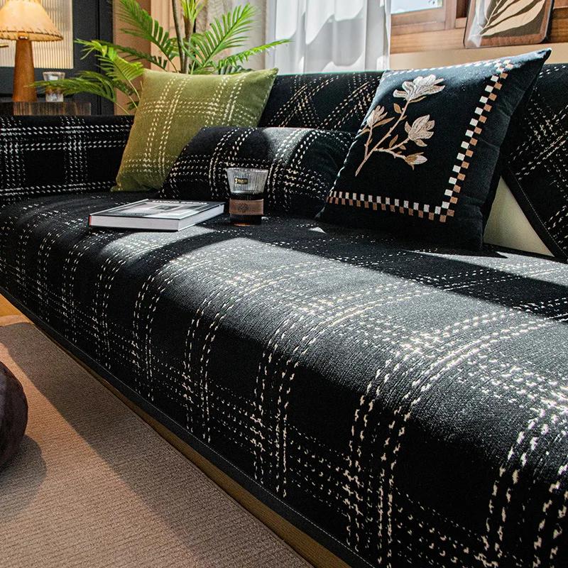 Chenille Sofa Couch Cover Solid Color Square Grid Couch Covers Washable Anti-Slip Sofa Slipcover Stain Resistant Sofa Cushion