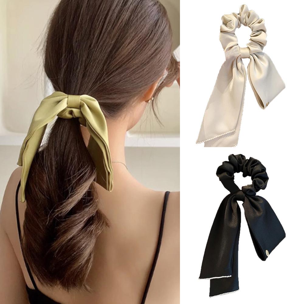 Satin Bowknot Elastic Hair Bands For Women Girls Pearl Solid Color Scrunchies French Hair Ties Hair Accessories Ponytail Holder
