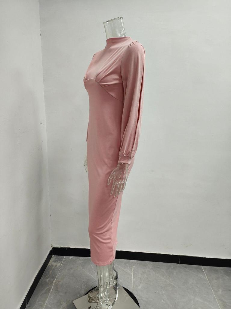 Elegant European & American Pleated Solid Color Dress with Split Sleeves