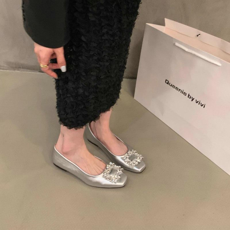 Fashion Flat Shoes for Women 2025 Spring and Autumn Silver Square Head Diamond Black Plus Size Casual Women's Shoes