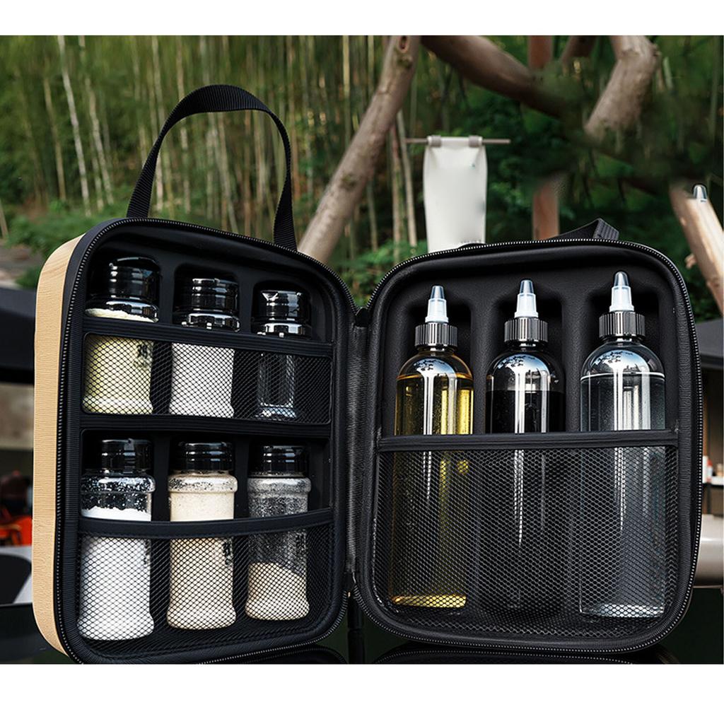 Condiment Container Set Seasoning Container Kit, 100ml, 150ml, 300ml PET Bottles, EVA Storage Bag, Portable, Leakproof for Camping