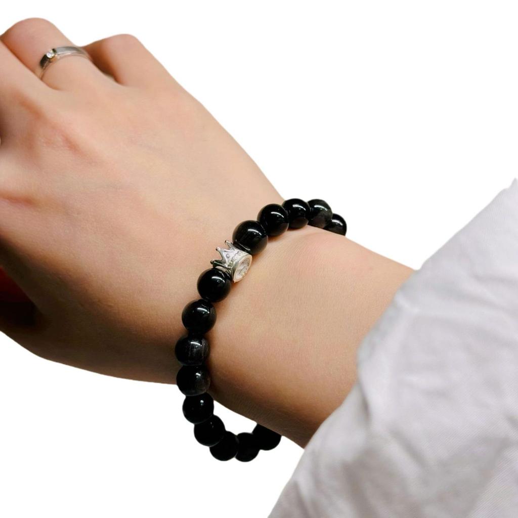 Natural Silver Obsidian Double-Layer Beaded Bracelet In S925 Sterling Silver - Simple Retro Design, Perfect for a Girl's Birthday Gift.