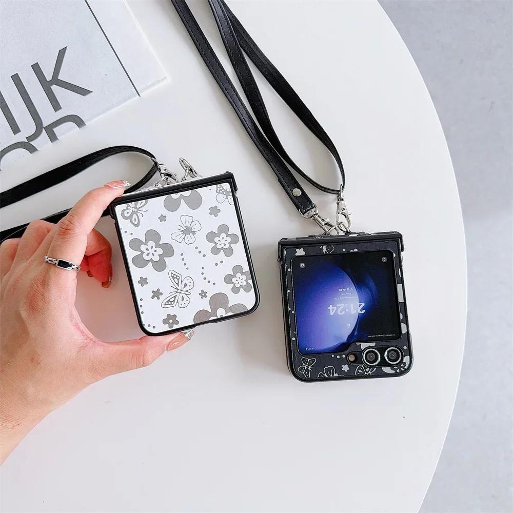 Butterfly Flower PU Leather Crossbody Lanyard Phone Case for Samsung Galaxy Z Flip 6 5 4 3 5G Hinge Protection Shockproof Cover