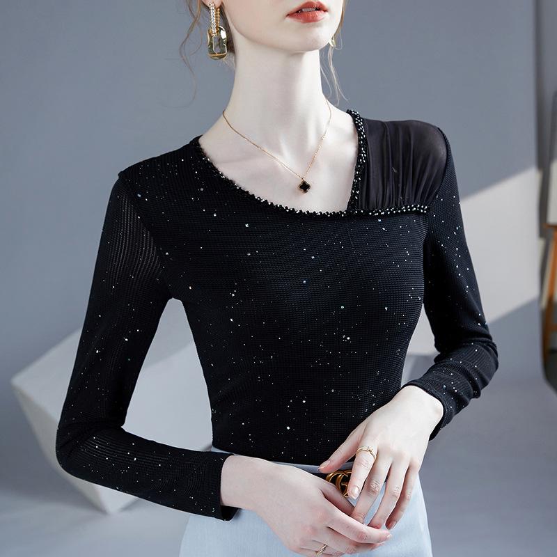 Women's Hand-Beaded Mesh Top - Slanted Neck, Long Sleeve, Autumn/Spring Fashion