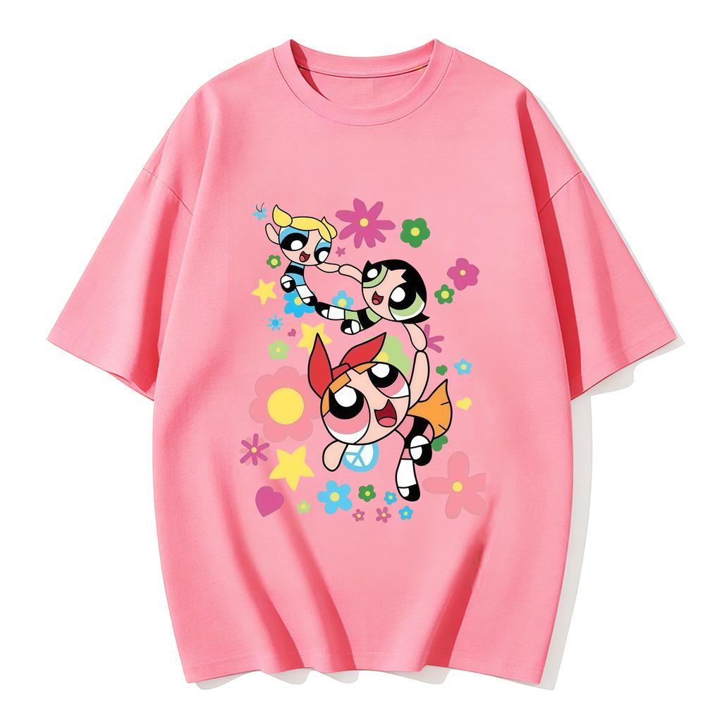 2026 Sommer Niedliche Powerpuff Girls Familien-Matching T-Shirts Cartoon-Druck Baumwoll-T-Shirts Lässige Kurzarm-Oberteile für Kinder und Erwachsene