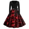 Print Flare Dress For Women Long Sleeve Dress Hollow Party Casual Dresses