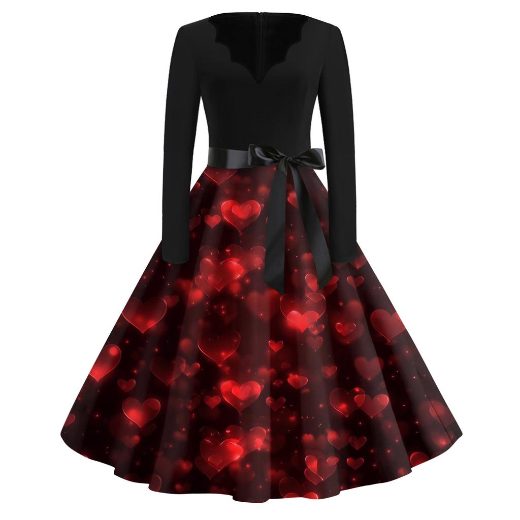 Print Flare Dress For Women Long Sleeve Dress Hollow Party Casual Dresses