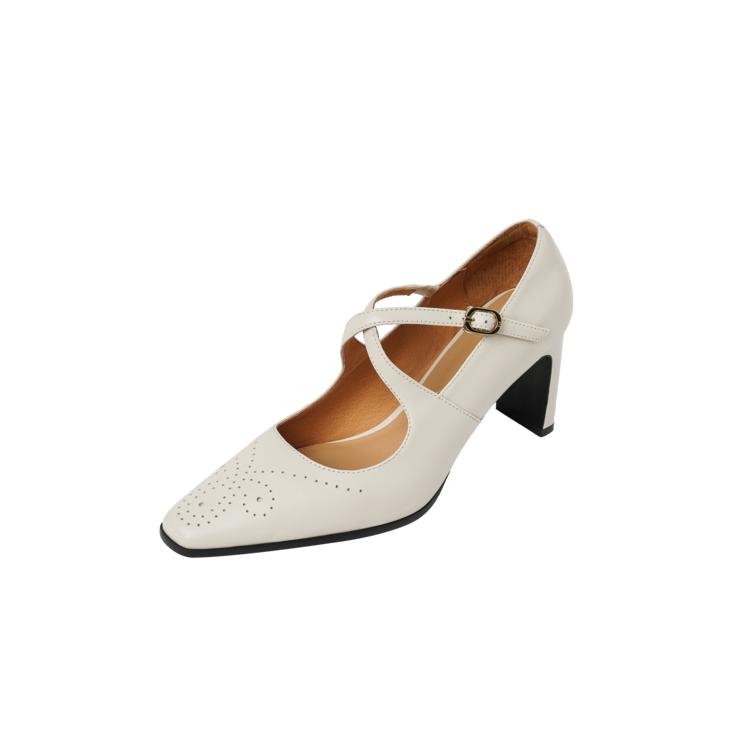 

Fashion NEW Spring/Autumn Women Pumps Square Toe High Heel Shoes Genuine Leather Shoes for Women Concise Cross-tie Buckle Strap Shoes 34 бежевый