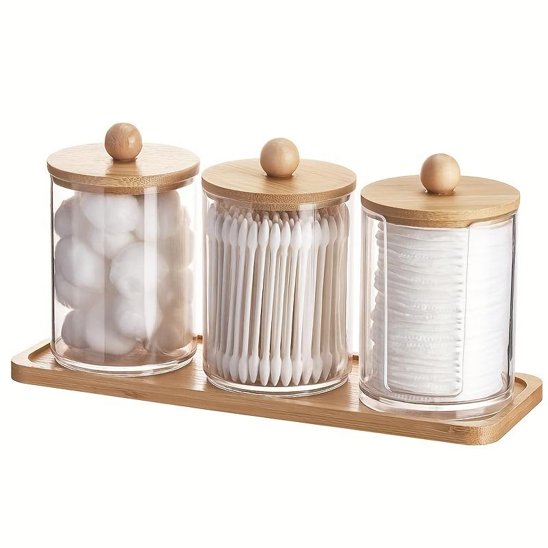 10 Oz Qtip Holder with Vanity Tray, 3 Pack Cotton Swab/Ball/Pad Dispenser Apothecary Jar, Clear Bathroom Containers Dispenser Fo