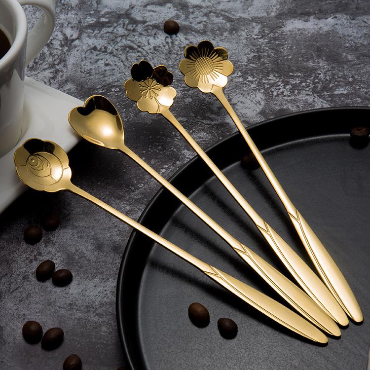 8/4PCS Stainless Steel Cherry Rose Flower Gold Scoop Coffee Spoon Gifts Kitchen Dessert Tea Accessories Tableware Decoration