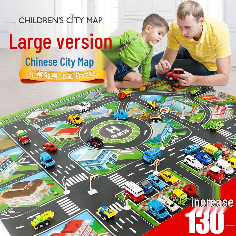 Children's City Traffic Play Mat with Small Alloy Cars - 130x100