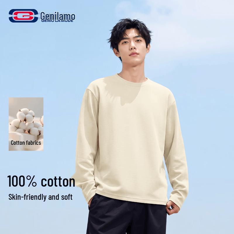 GENIOLAMODE Men's Heavyweight Combed Cotton Long Sleeve T-Shirt