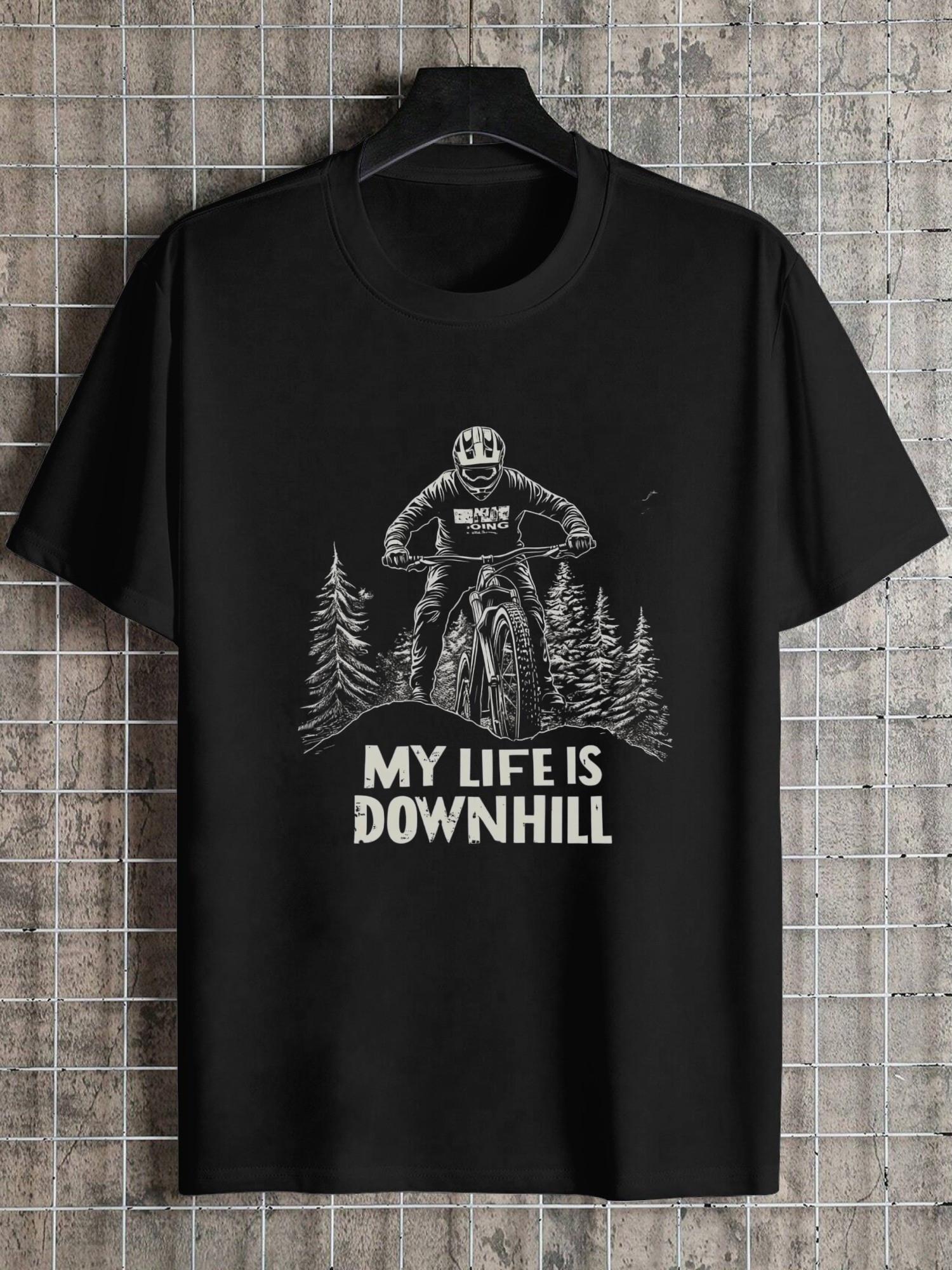 1pc Black Downhill Mountain Biker Graphic T-shirt - 180g Cotton Crew Neck Short Sleeve Tee with  MY LIFE IS DOWNHILL  Print XL