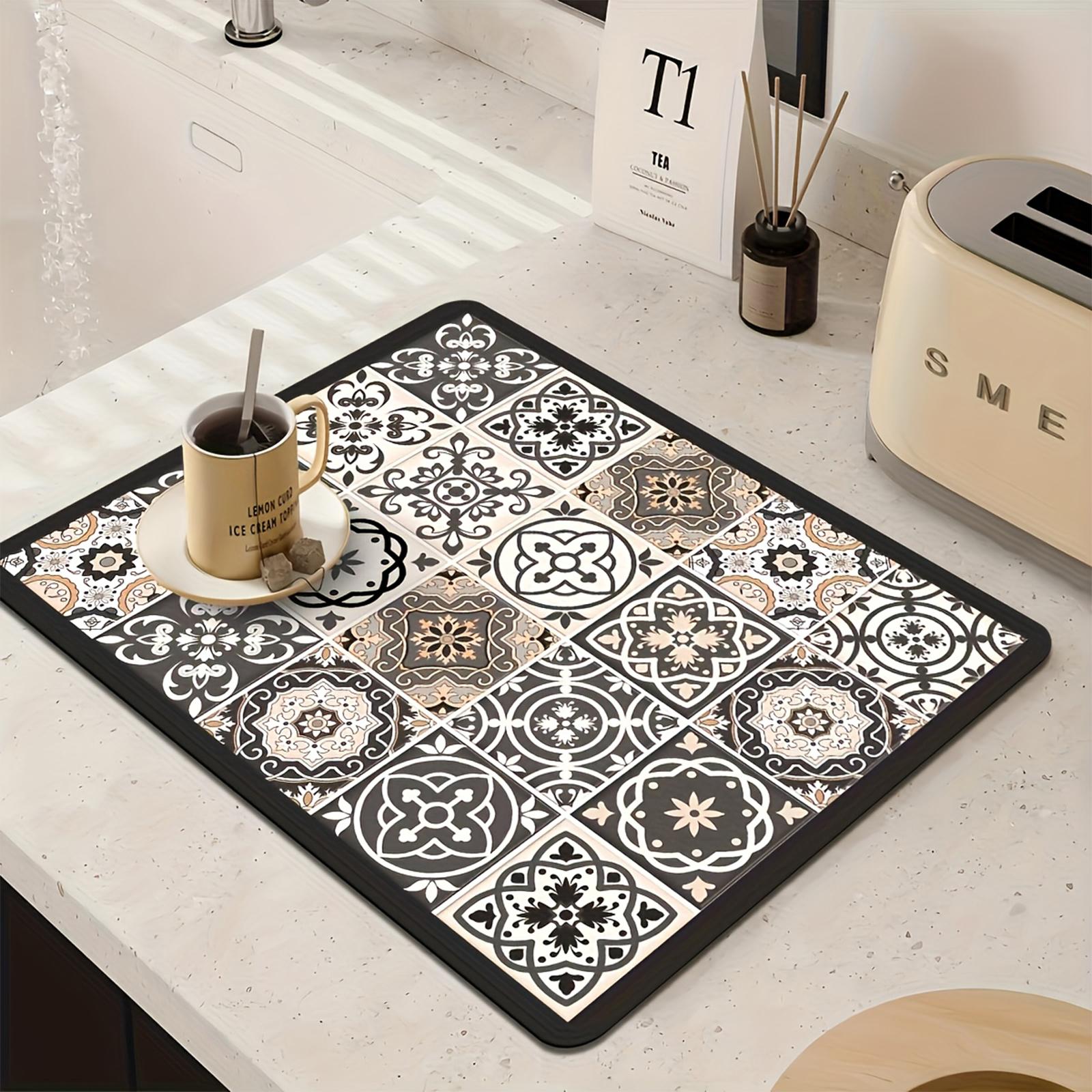 Retro Flower Tile Kitchen Draining Pad Countertop Drying Pad Dining Table Heat Resistant Pad 30
