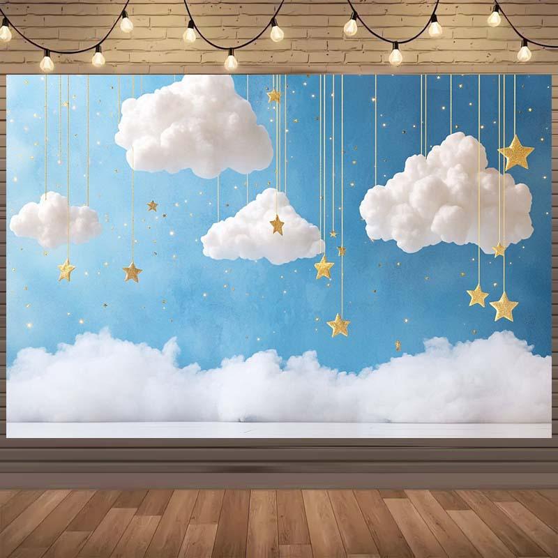 1pc whimsical blue sky and clouds tapestry with golden stars-polyester party background wall hanging photo shoot, wedding 100X70CM