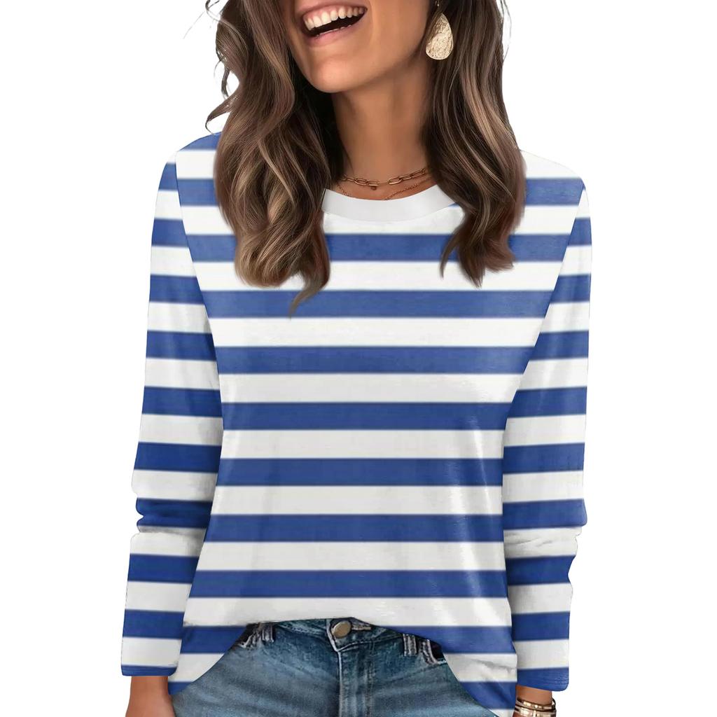 Damtopp med randigt tryck, moderiktig, avslappnad, rund halsringning, långa ärmar