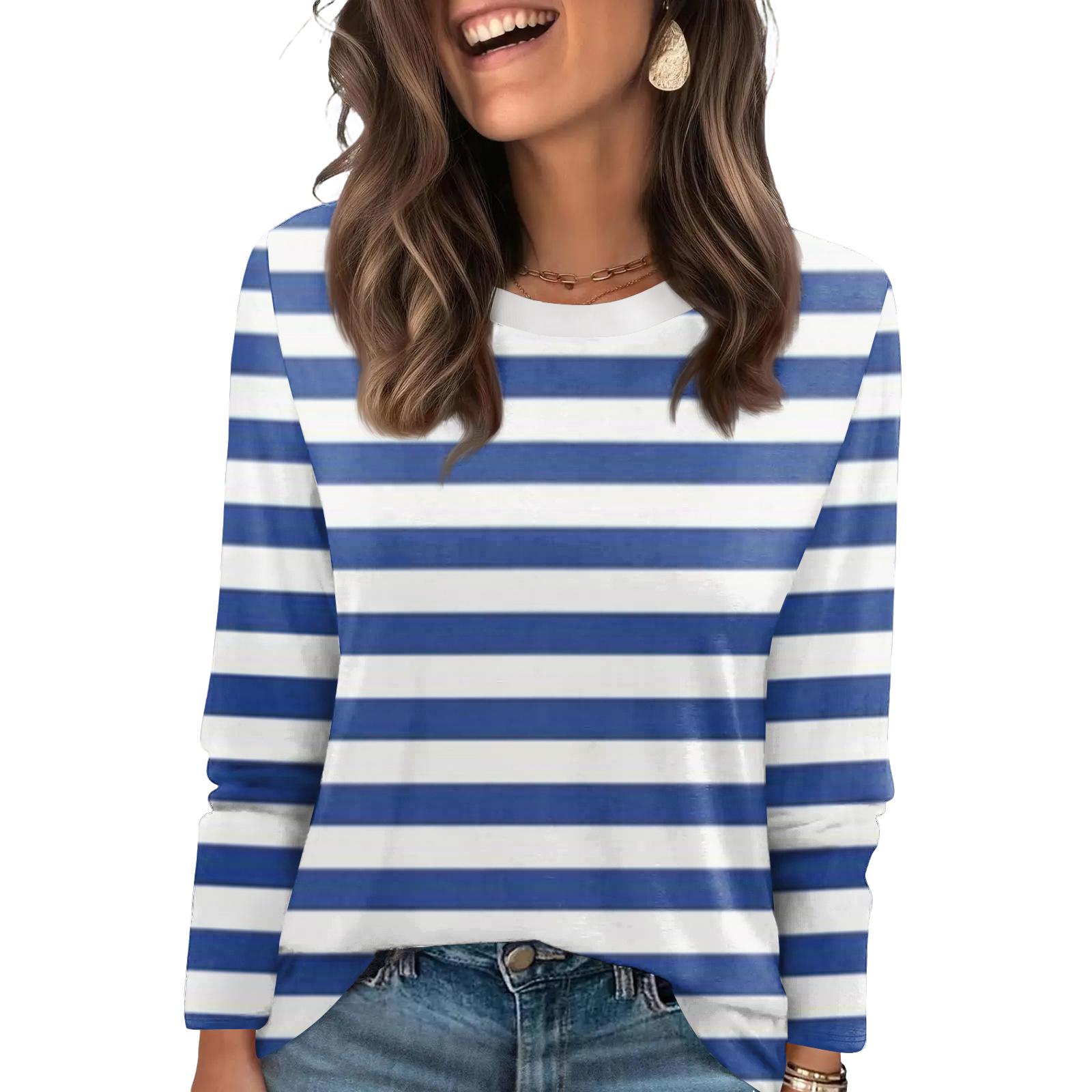 

Ladies striped printed fashionable casual round neck long sleeved round neck top XL небо синє кольору