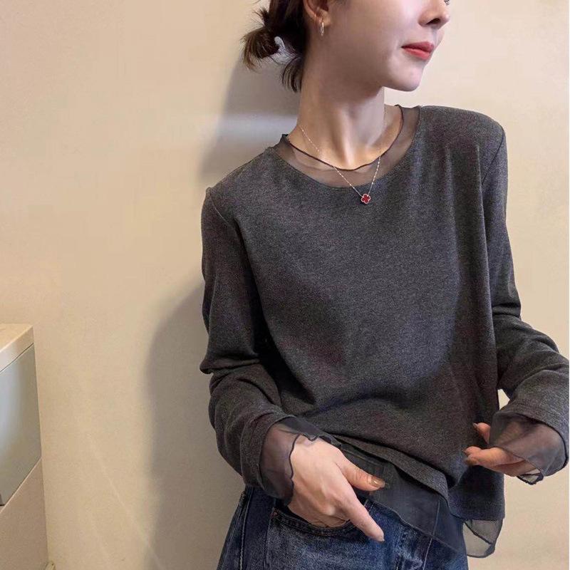 

Women s Autumn/Winter Unique Chic Long-Sleeve Mesh Two-Piece Layered T-Shirt L темно-сірий