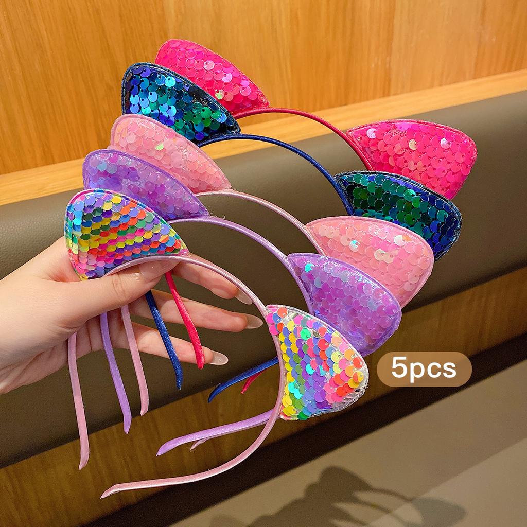 5 Cute Color Sequins Cat's Ears (Steamed Cat-ear Shaped Bread) Headband Sweet Hair Clip for Daily Use