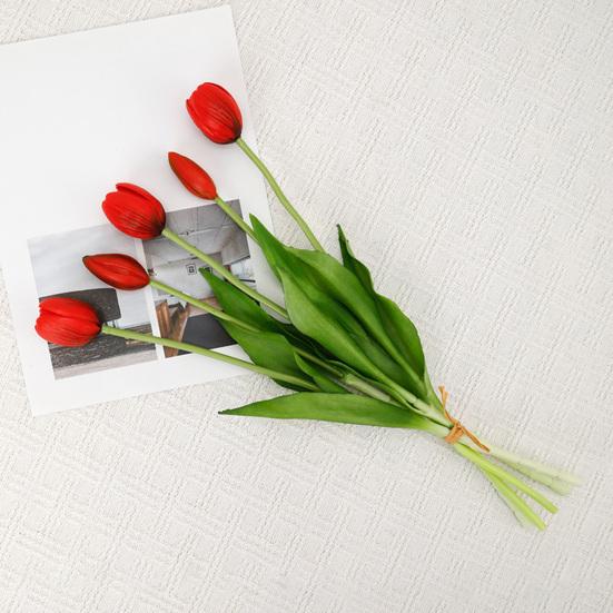 5 Head Artificial Tulip Bouquet 15.7" Long Stem Faux Tulip Flower Lifelike Real Touch