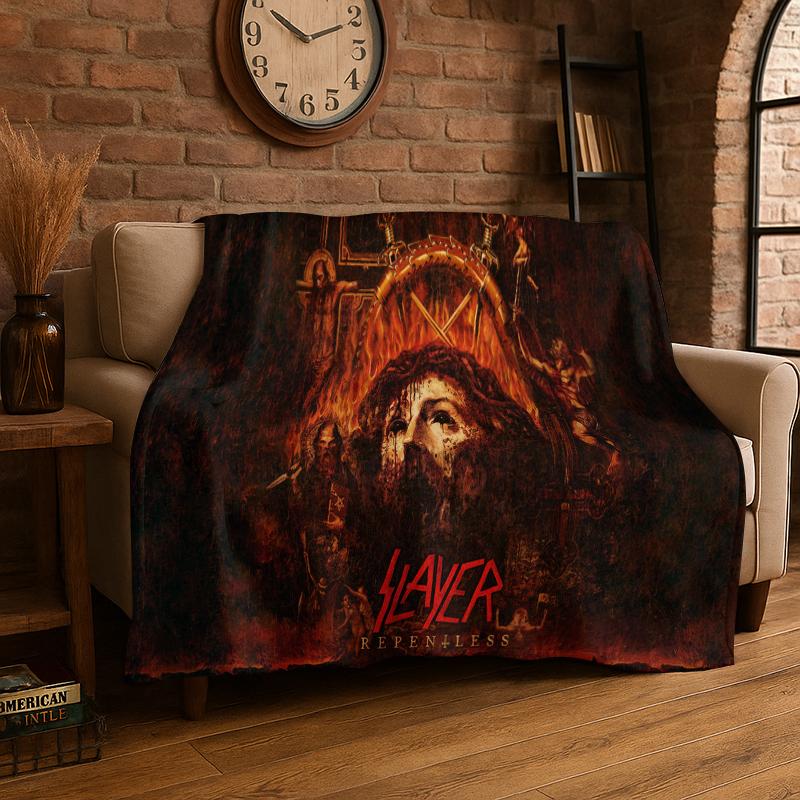 Retro Slayer Heavy Metal Rcck Band Sign Flannel Blanket Soft Warm Throw Blanket for Bedroom Living Room Bed Travel Picnic Gift