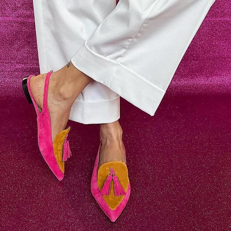 New Summer Color Block Women's Shoes 40-43 Large Pointed Tassel Low Heels Back Air Sandals High Heels Womens Shoes Zapatos Mujer
