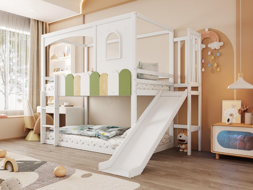 Bunk Bed Children's Bed 90*200 Cm House-Shaped Frame with Windows, Irregular Multicolor Railing Design, with Slide and Safety Ladder, Loft Bed, White