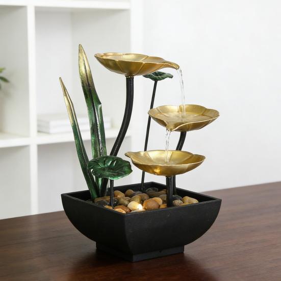Relaxation Tabletop Water Fountain with Rocks 3 Tier Lotus Leaf Small Waterfall Fountain with Light for Indoor Zen Home Bedroom Desktop Decor