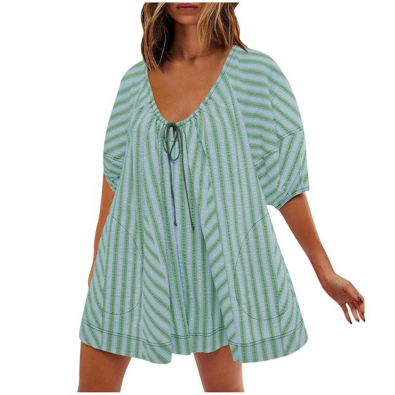 

2025 European and American Foreign Trade Popular Summer Short Sleeve Stripe Jumpsuit Slimming Casual Loose Deep V Wide Leg Short Jumpsuit Light green S