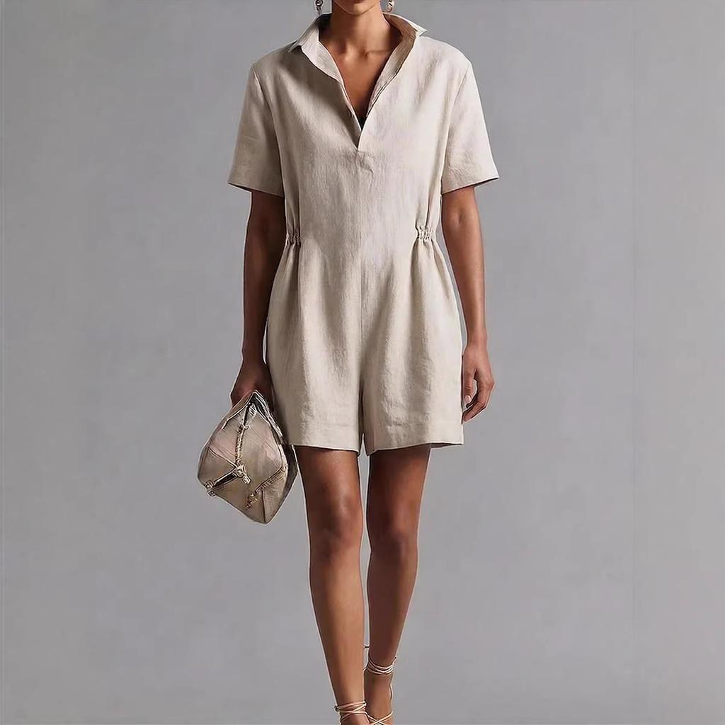 Cross-border European and American casual onesie shorts women's 2026 new short-sleeved waist loose and thin cotton and linen casual wide legs