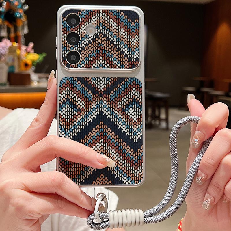 Geometric Cloth Texture Leather Lanyard Case For Samsung Galaxy A57 A37 A17 A56 A36 A26 A16 A55 A54 5G S21 FE S22 S23 S24 S25 Plus S26 Ultra