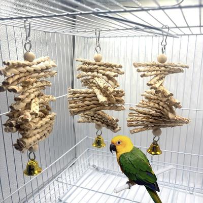 Parrot Chew Toys Natural Corn Husk Braided Teething Bell String Chewing Toys For Pet Birds Entertainment And Anxiety Relief