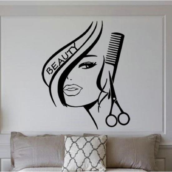BIBITIME Modern Fashion Beauty Girl Cut Hair with Scissors Comb Barber Shop Wall Decal Window Sticker Hairdressing Salon Creative Personality Vinyl