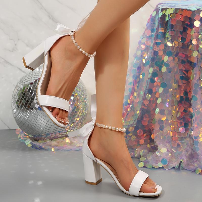 Fashion White Elegant Pearl Chain Ankle Strap Sandals Women Riband Bowknot Super High Heels Sandals Women Fashion Wedding Shoes