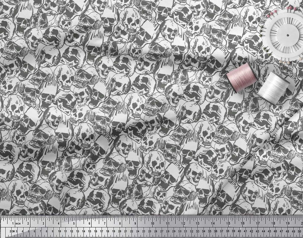 Soimoi Japan Crepe Satin Fabric Horror Skull Halloween Printed Craft Fabric by the Metre 42 Inch
