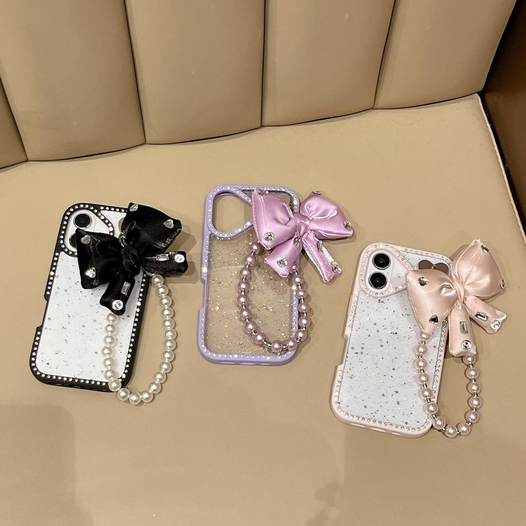 For iPhone 16 Plus Case Glitter Epoxy Design TPU+PC Phone Back Cover with Bow Strap,Rhinestone Decor