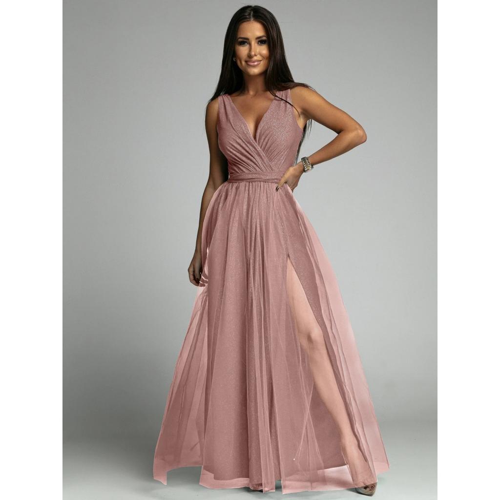 Glänzendes V-Ausschnitt Taillenbetontes Schlankmachendes Maxikleid mit Schlitz, Sexy Abendparty-Kleid für Damen Europäischer Amerikanischer Crossbody-Stil