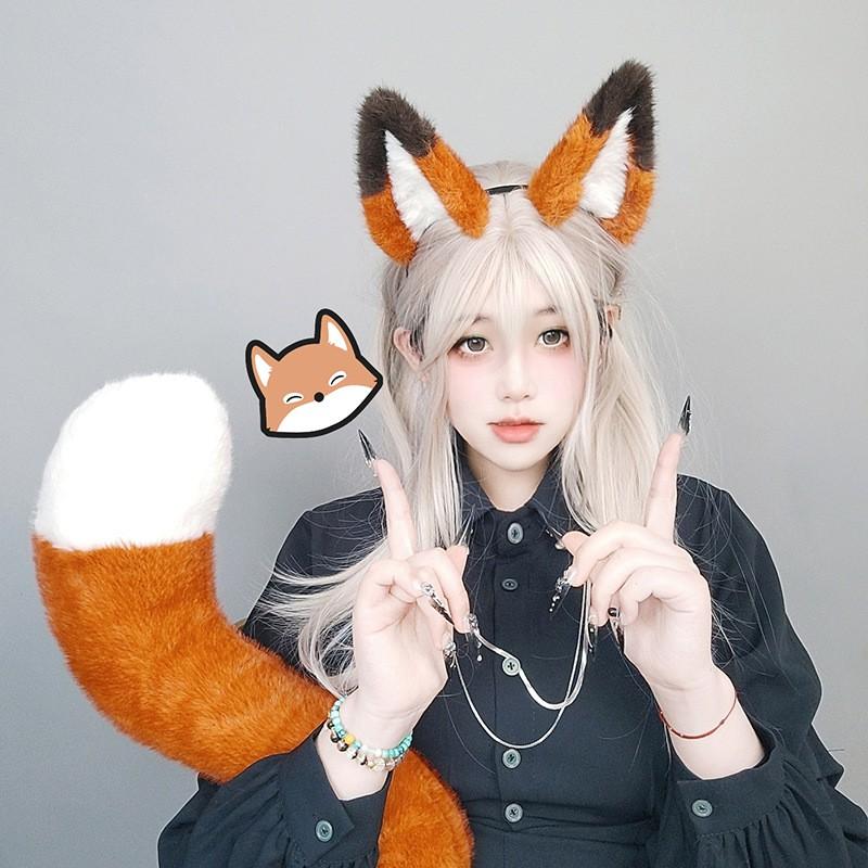 Anime Cosplay Dog Fox Ears Headband Tail Set Adults Japanese Style Winter Costume Accessory