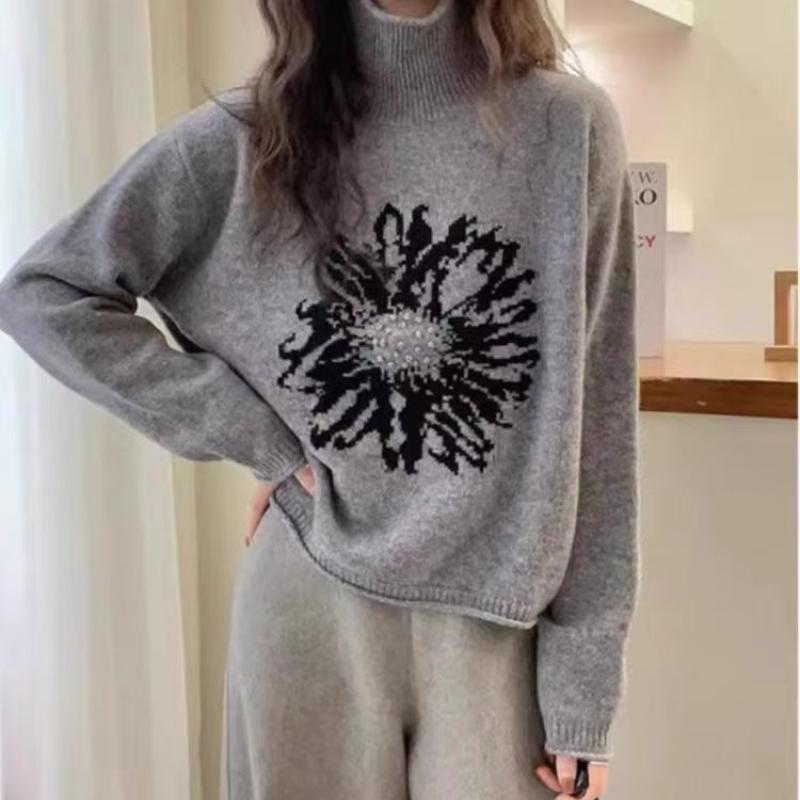 High Neck Knitted Sweater with Vintage Jacquard PatternSweater Autumn/winter Korean Style PulloverVersatile Loose Top