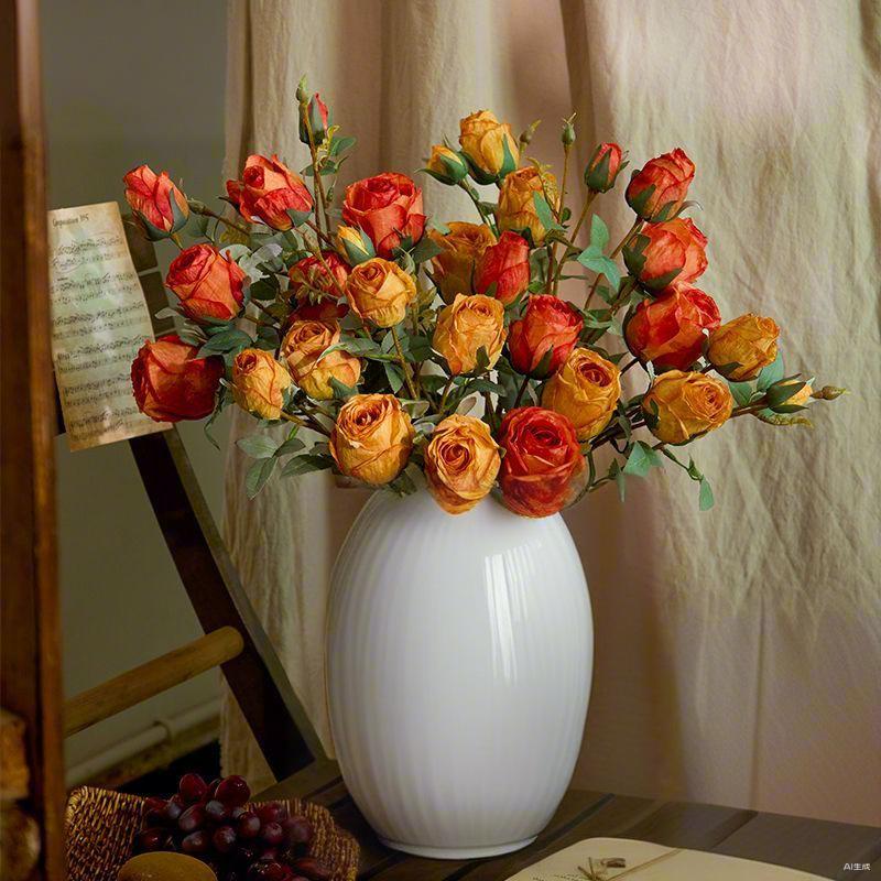 4 Heads Vintage Burnt Edge Silk Roses Retro Artificial Flowers Chic Dried Rose Bouquet For Home Wedding Party Decor