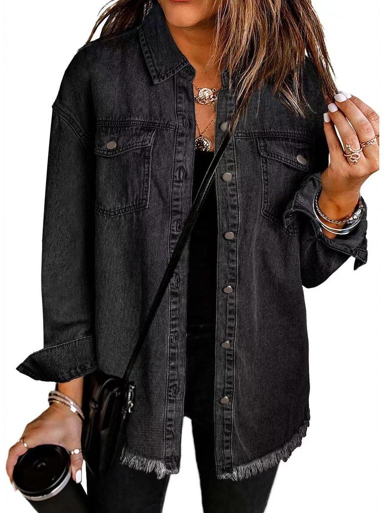 Women's Cross-Border Washed Denim Shirt Jacket - European & American Autumn/Winter Street Style with Frayed Hem