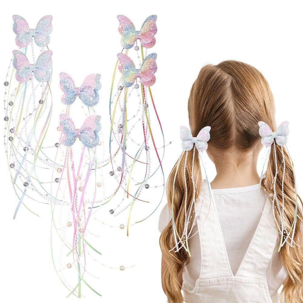 2Pcs Glitter Butterfly Hair Clips Long Tassel Kids Barrette Performance Accessories