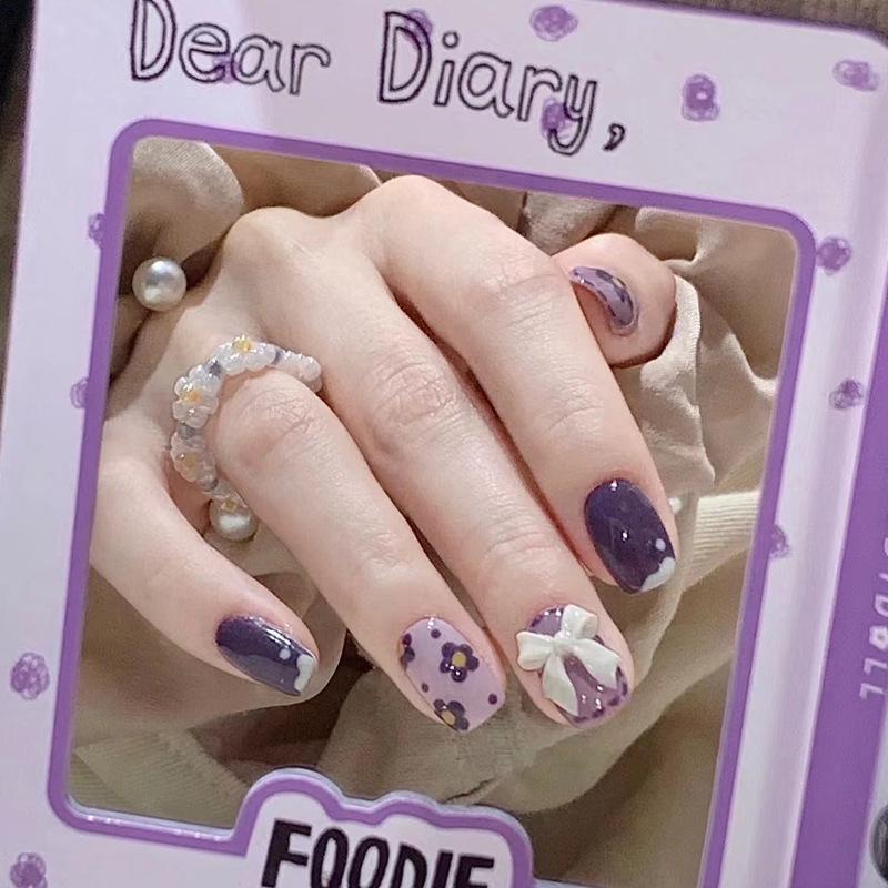 

Taro Purple Flower Bow Manicure Press-On Nails - Removable Fake Nail Pieces
