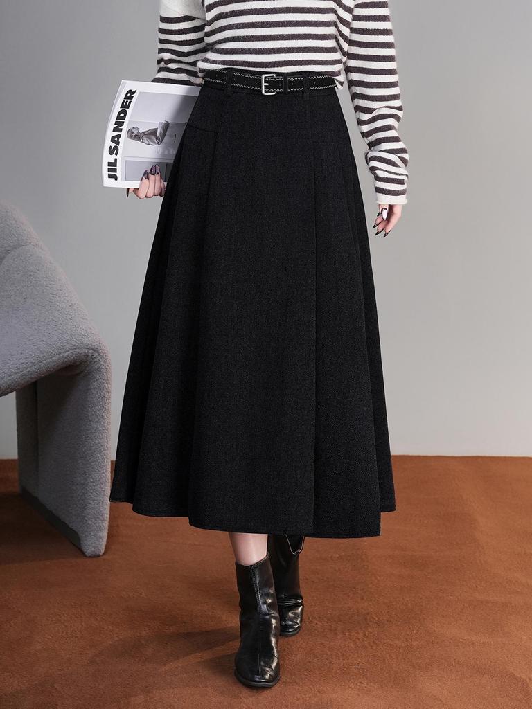 2025 Winter High-Waisted Wool A-line Skirt - Drapey, Slimming, Mid-length, Pleated, Wide-hem Design.