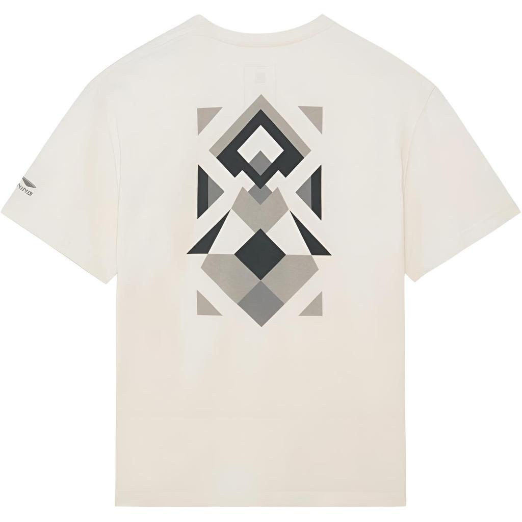 Li-Ning Loose Casual Short Sleeve T-Shirt With Geometric Pattern Print And Pocket Unisex Tops Off-White AHSS161-3