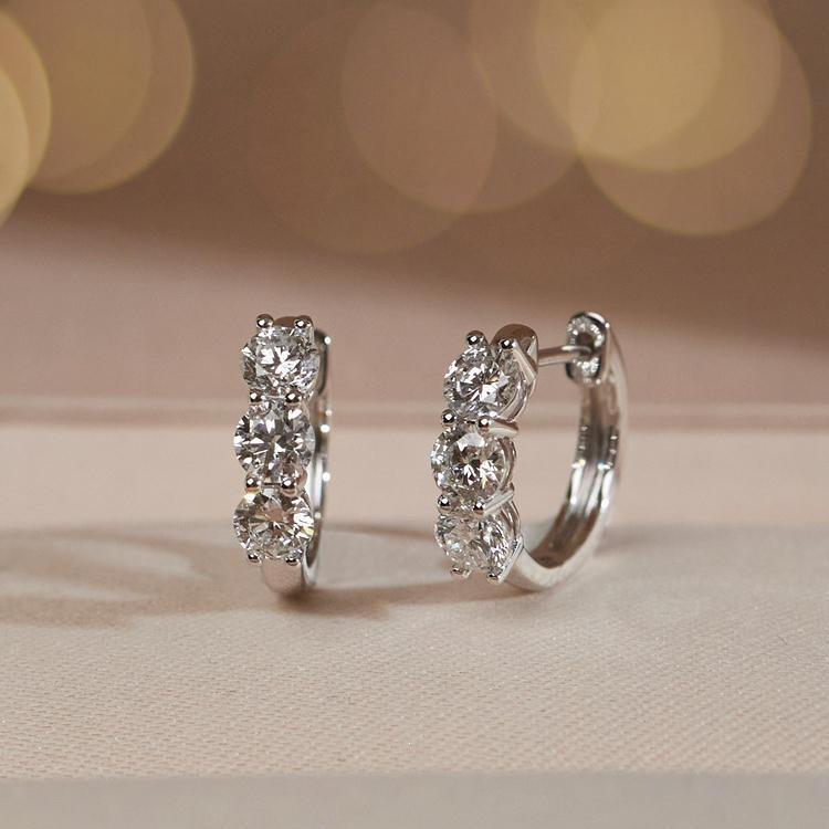 S925 Silver White Gold-Plated Three-Stone Zircon Diamond Hoop Earrings - Everyday Classic Quality 925 Silver