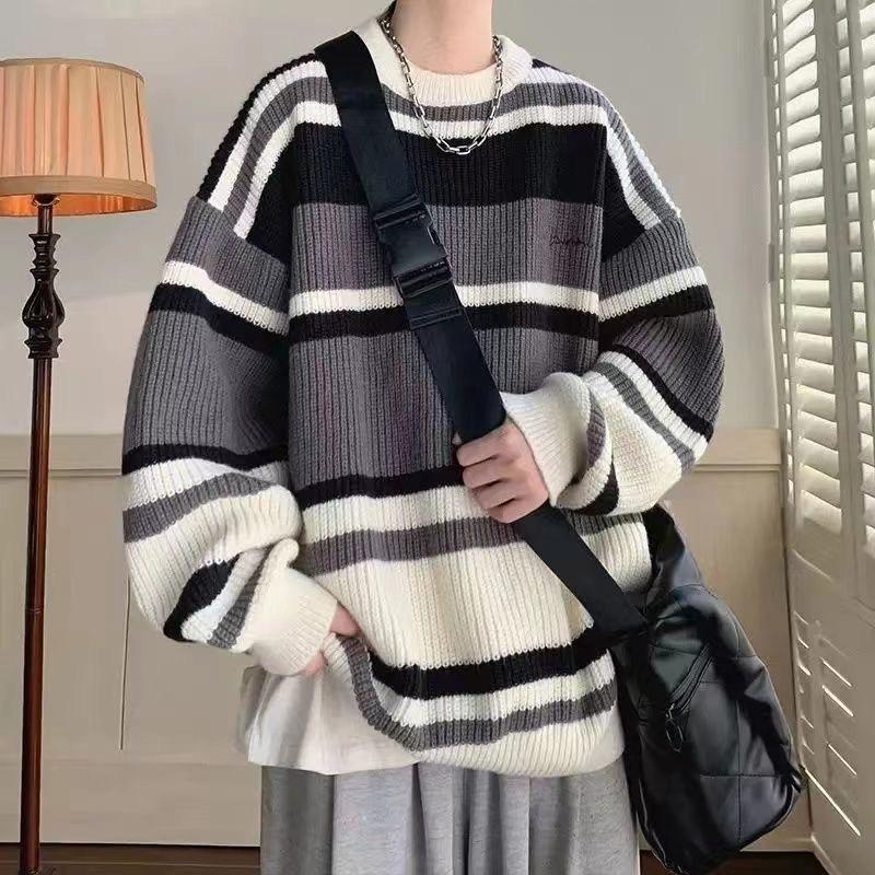 Japanese Vintage Idle Style Color Block Striped Sweater Men Autumn Winter Design Sensibility Niche Outer Wear Knitted Top