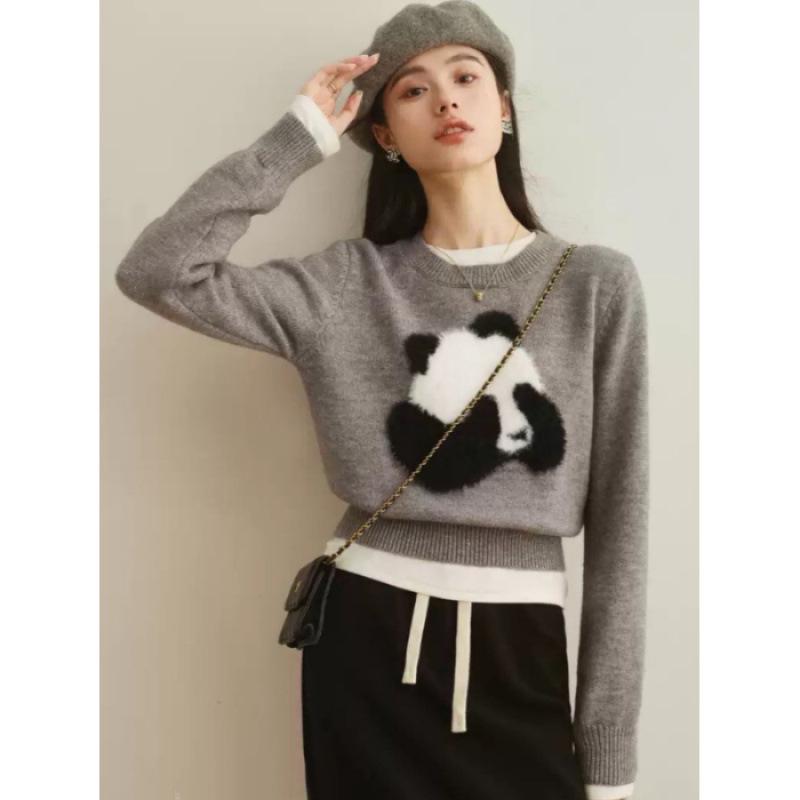 

Шикарный женский шерстяной топ с пандой — облегающий свитер на раннюю осень/зиму с уникальным дизайном One Size серый