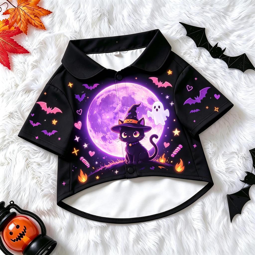 Pet Dog Shirt Glowing Pumpkin Ghost Witch Hat Print Breathable Button Up for Small Medium Dogs Cute Halloween Theme Party Wear