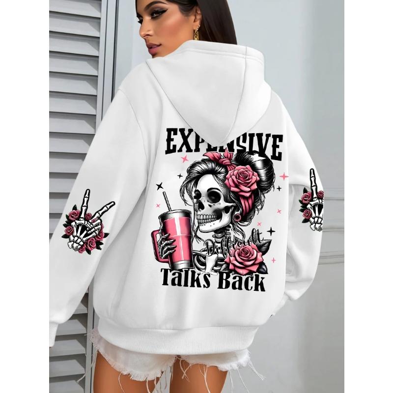 Felpa con cappuccio casual larga da donna, top stampato street fashion